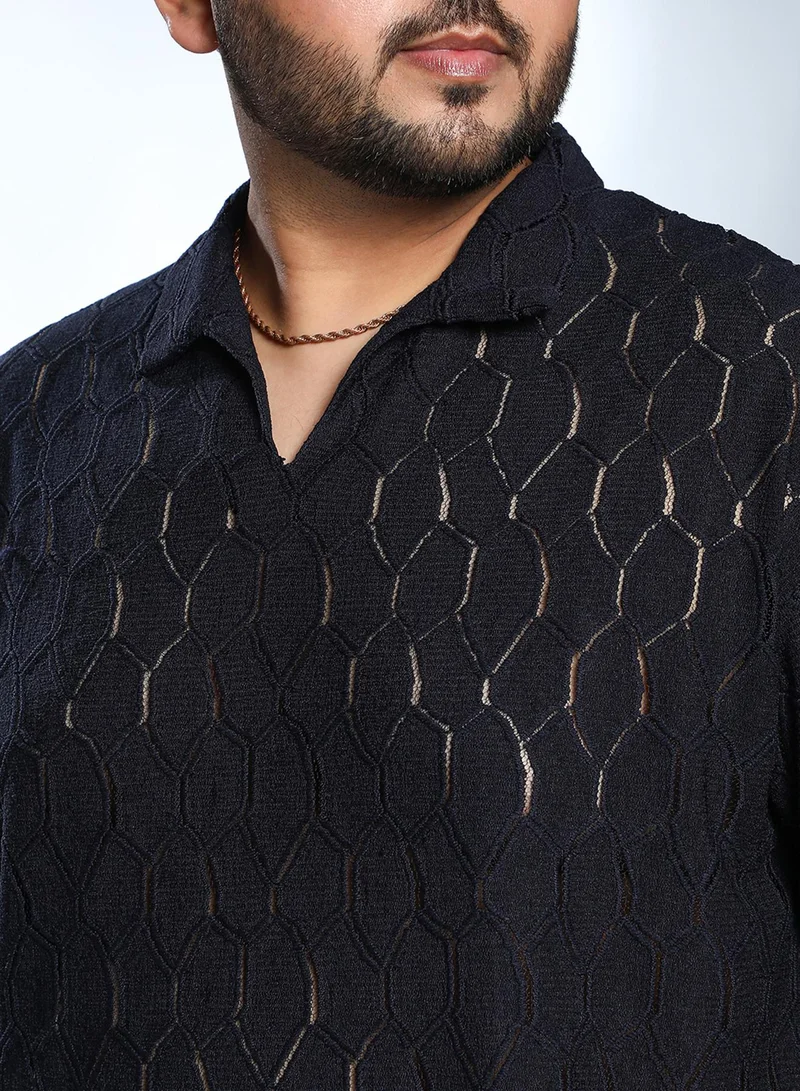 Instafab Plus Men's Navy Blue Honeycomb-Knit Polo T-Shirt